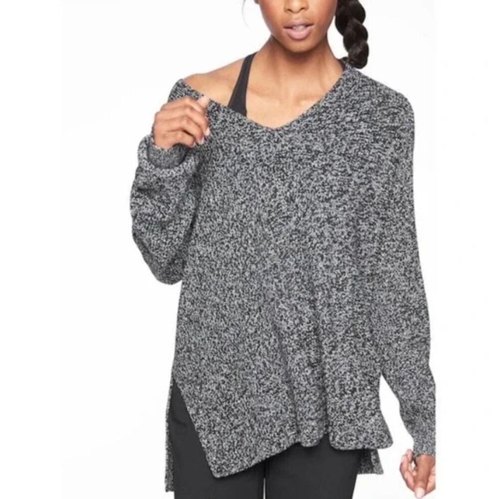 Athleta Switchback Pullover Sweater Cozy Merino Wool Black Marl Size XXS